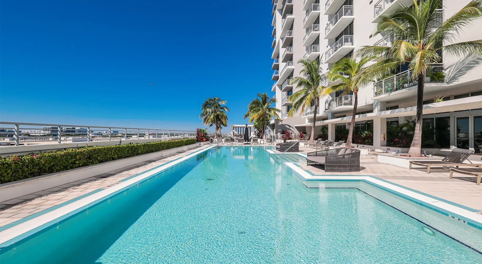 Pool area transforms at golden hour